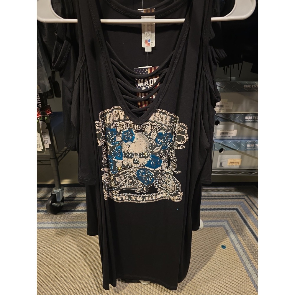 Liberty Wear Women's Embellished Cold Shoulder 3/4 Sleeve Motorcycle Shirt 2XL